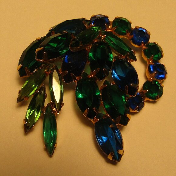 Stunning Vintage Cobalt Blue & Emerald Green Rivoli RHINESTONE BROOCH Spray - Picture 4 of 5